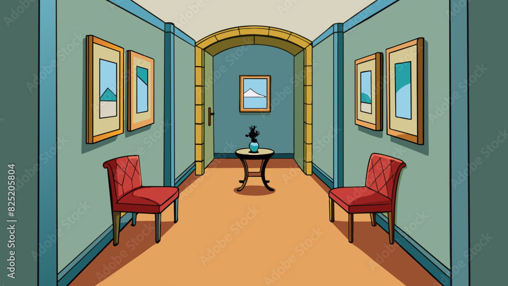 Poster At the end of the hallway there is a small alcove with a table and two chairs perfect for intimate conversations. The walls are decorated with framed. Cartoon Vector.