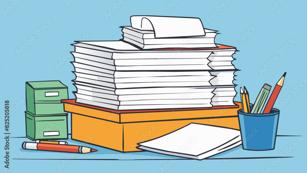 Aufkleber at the office a pile of paperwork sits on a desk waiting to be completed. the pen in the pencil hold
