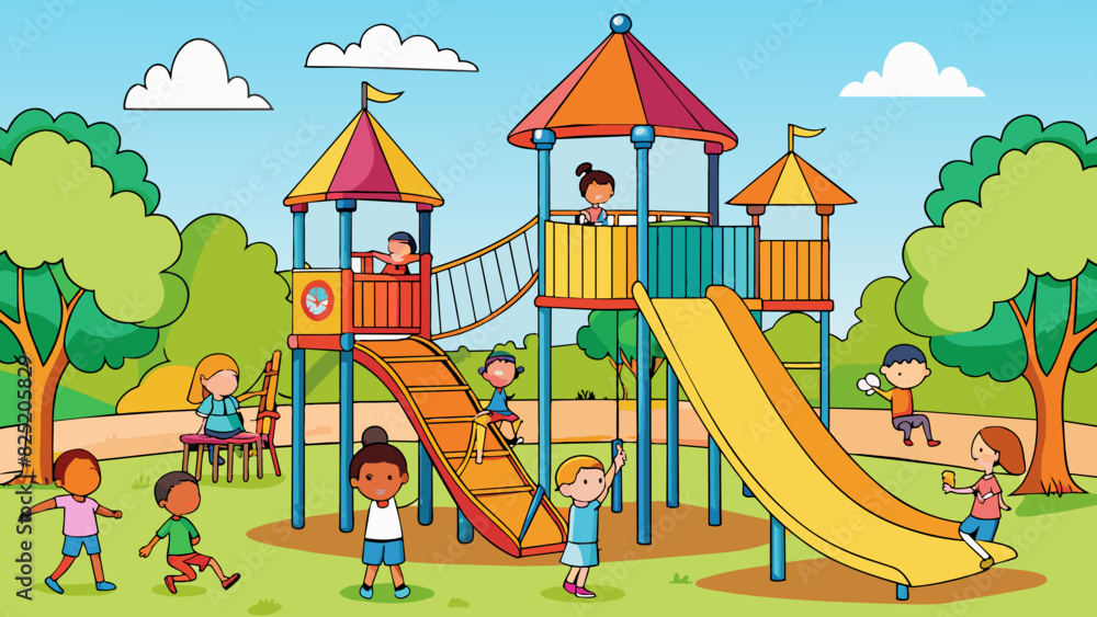 Poster At the park a group of children were playing on a large playground structure with its colorful slides multiple climbing walls and expansive platforms.. Cartoon Vector.