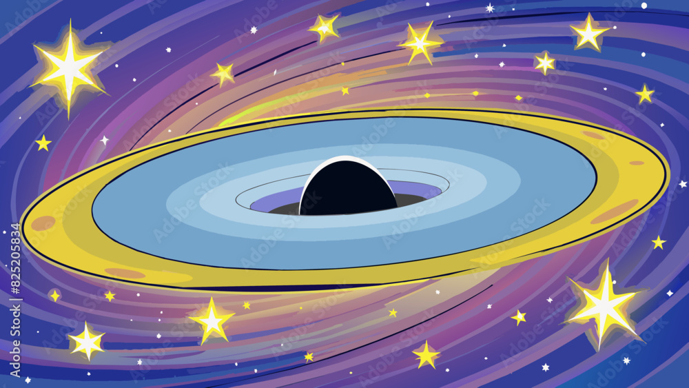 Poster At the center of a of stars in a galaxy there is a powerful and dense black hole pulling in all matter and exerting an immense gravitational force.. Cartoon Vector.