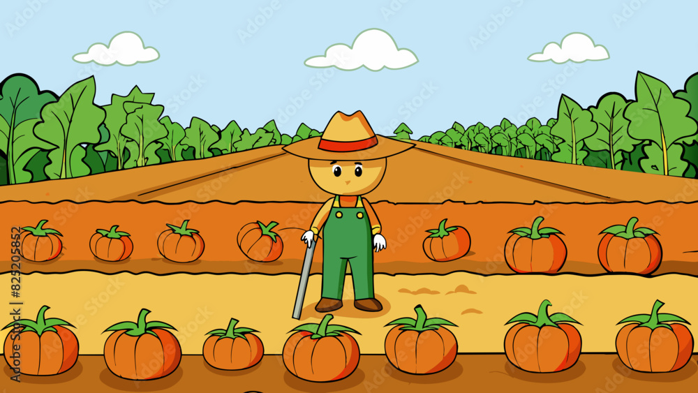 Poster A vegetable garden filled with neat rows of rich brown soil and vibrant green sprouts. Large ripe tomatoes hang heavily from their vines while bright. Cartoon Vector.