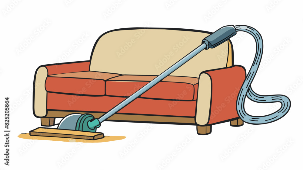 Poster a vacuum cleaner with a long hose attachment reaching under the couch to clean up crumbs and dust. t