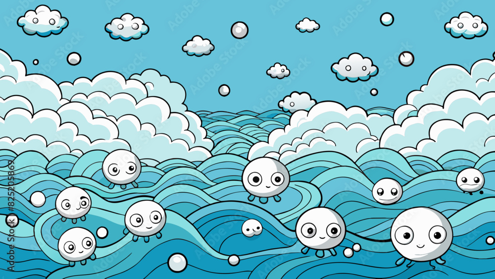 Poster A vast ocean filled with floating thought bubbles each one containing a unique thought or emotion. Some bubbles are clear and calm while others are. Cartoon Vector.
