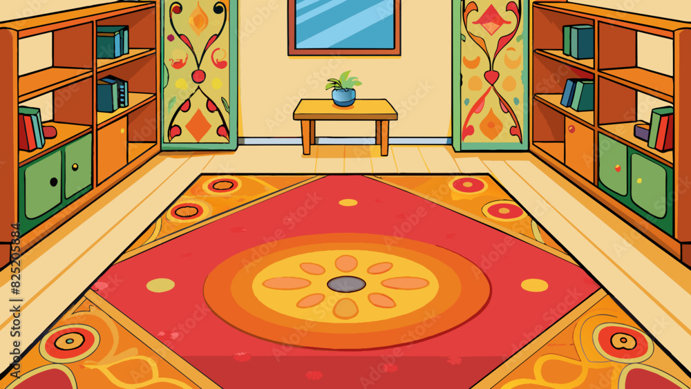Leinwandbilder A vibrant patterned carpet covers the entire floor adding warmth and coziness to the room. The softness underfoot makes it a perfect spot to sit and. Cartoon Vector.