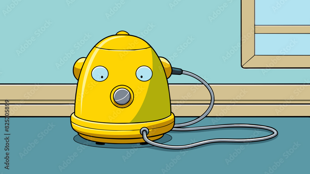 Poster A vibrant yellow object rests on a countertop no longer pulsing with energy. The cord winding out of it is now unplugged leaving the once noisy. Cartoon Vector.