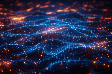 A blue wave with many dots on it. The dots are connected to each other and form a pattern. The image has a futuristic and technological feel to it