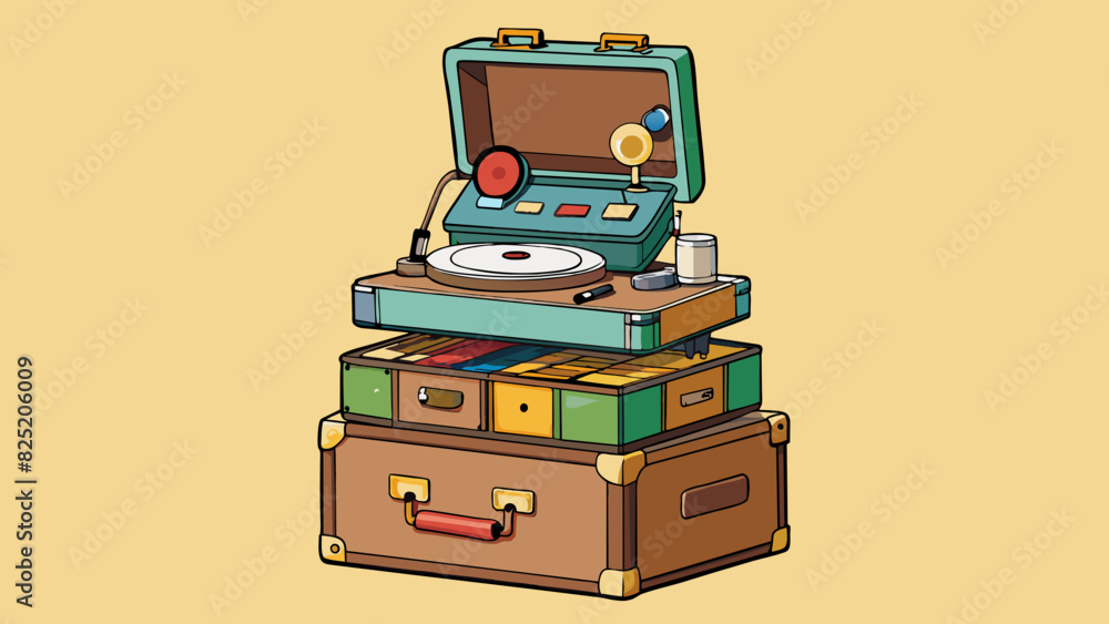 Poster a vintage record player stand fashioned from old suitcases stacked on top of each other and screwed 