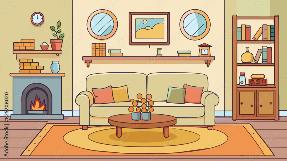 Poster a warm and inviting living room with a plush beige couch and a patterned area rug. a large fireplace