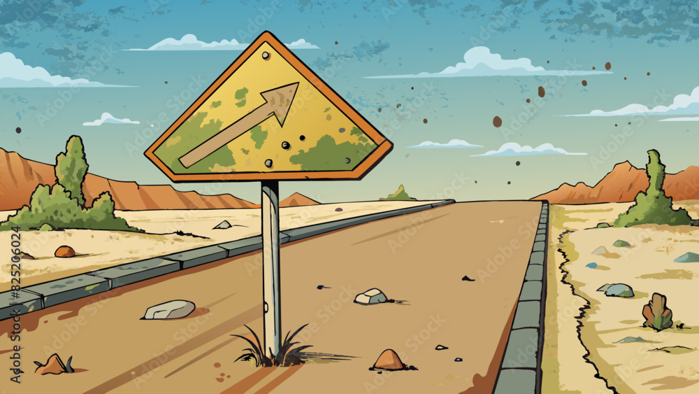 Poster a weathered sign at the edge of a deserted road the bold letters faded and nearly illegible after ye