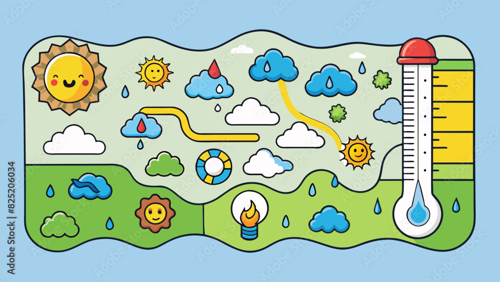 Aufkleber A weather map showing colorful symbols representing different temperatures and precipitation levels across a region.. Cartoon Vector.