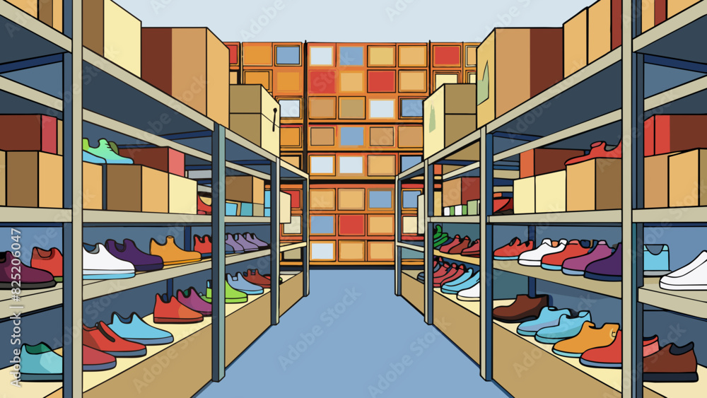 Poster A warehouse with rows of shelves lined with different sizes and colors of shoes. The shoes are neatly arranged and each pair is p in its own box. The. Cartoon Vector.