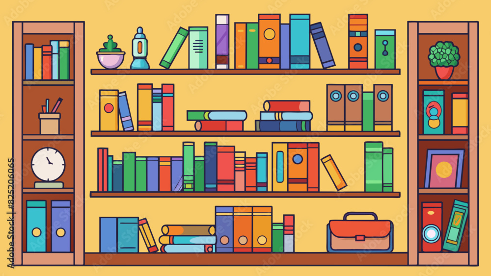 Poster A wellorganized bookshelf filled with an assortment of colorful books and trinkets creating a visually appealing and inviting atmosphere.. Cartoon Vector.