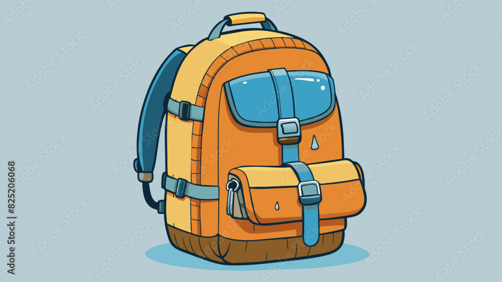 Poster A waterproof backpack made of durable material that is able to withstand harsh weather conditions and protect the contents inside. Multiple. Cartoon Vector.