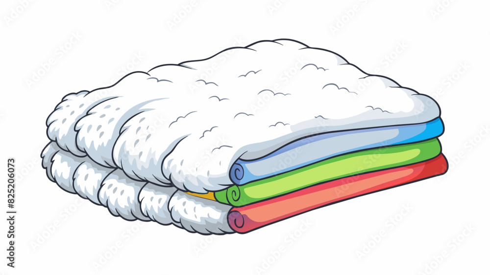 Poster A white fluffy material with colorful patterns sewn onto it folded into a neat square shape. The object is soft to the touch and gives off a pleasant. Cartoon Vector.
