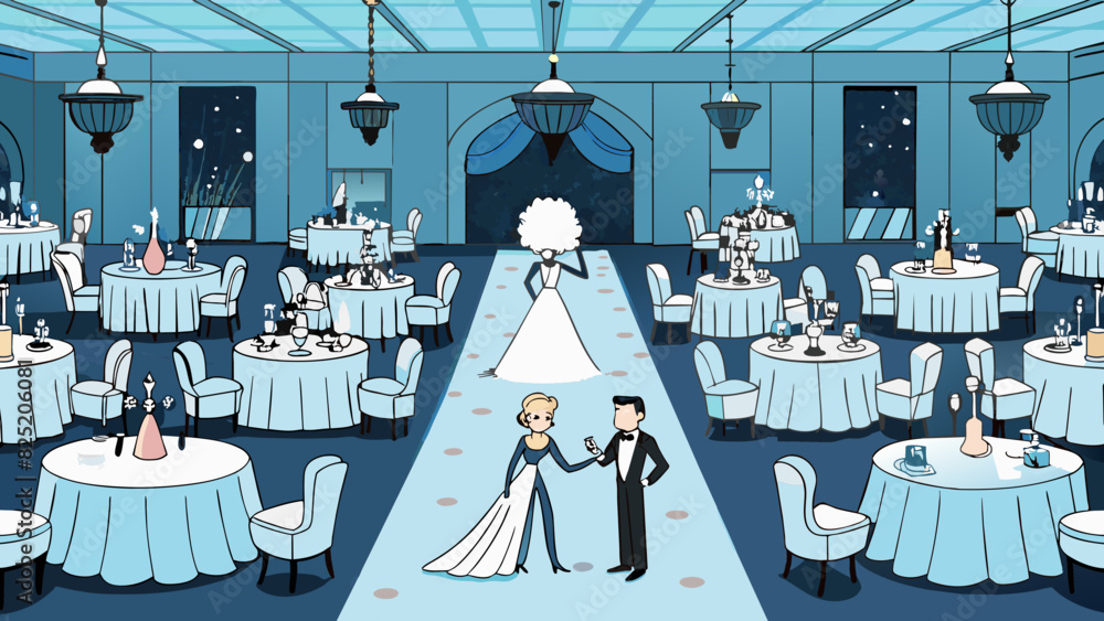 Poster A wedding reception Inside a grand ballroom elegant white clothed tables are tered across the floor each adorned with crystal vases filled with. Cartoon Vector.
