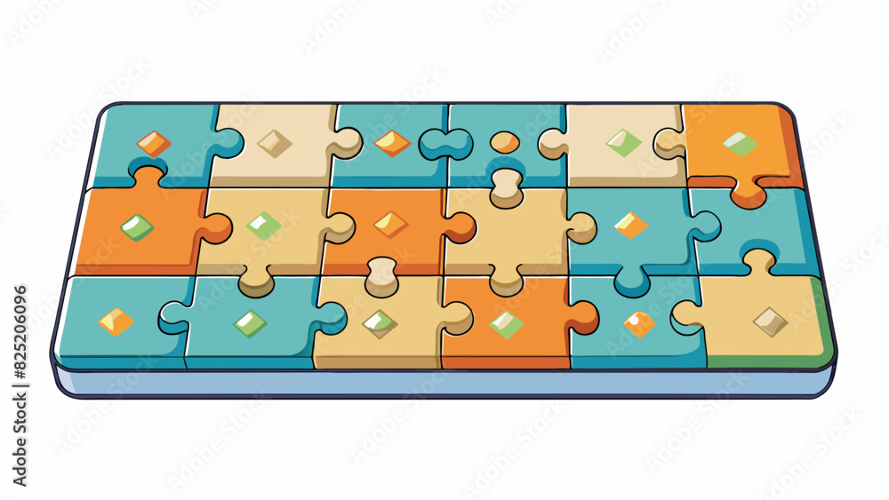 Poster A whole puzzle a flat rectangular board with many small interlocking pieces. Each piece has a unique design or color and when put together forms a. Cartoon Vector.