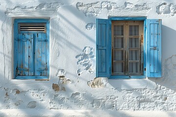 The blue window is open and the white wall is covered in stone - Powered by Adobe