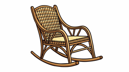 A wicker rocking chair with a curved backrest and armrests. The seat and back are made of woven wicker material giving it a rustic and natural look.. Cartoon Vector.