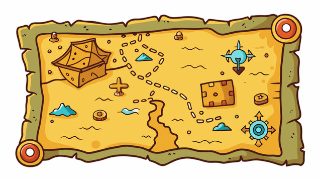 A weathered map with faded ink lines and mysterious symbols marking uncharted territories and hidden treasures waiting to be discovered.. Cartoon Vector.