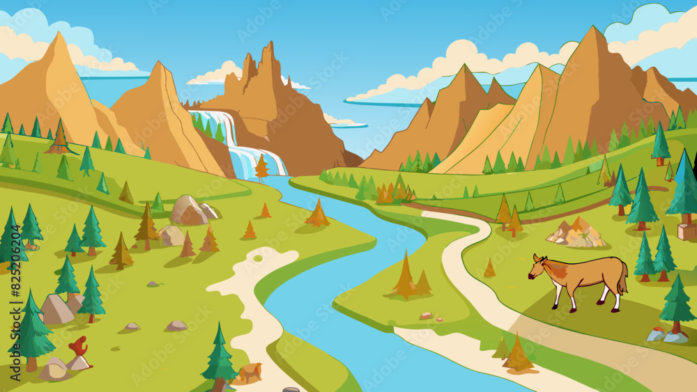 Poster a winding river s through a lush valley surrounded by towering mountains. waterfalls cascade down th