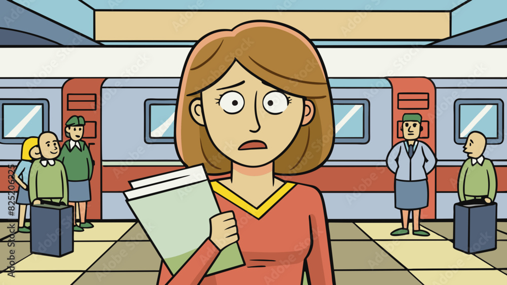 Poster a woman holding a paper with a worried expression while looking around a busy train station.. cartoo