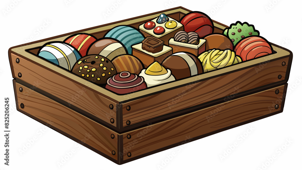 Poster A wooden box filled with assorted chocolates each one carefully p and bursting with rich flavors and decadent fillings.. Cartoon Vector.