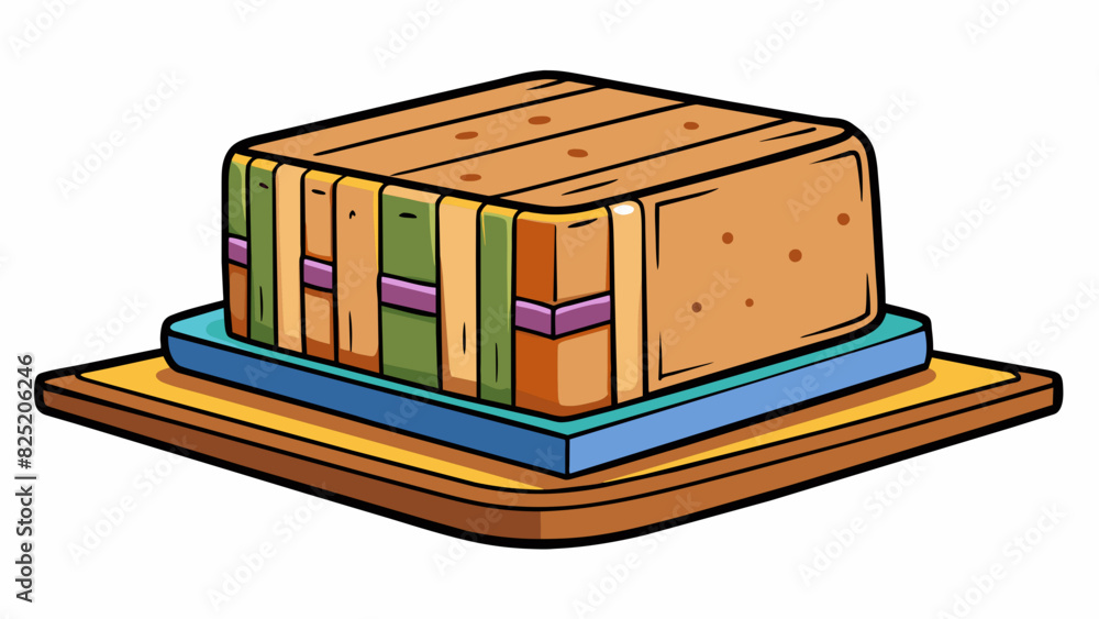 Aufkleber A wooden block serves as the base for a stack of books on a shelf. It is wide and thick with four flat sides and sharp edges.. Cartoon Vector.