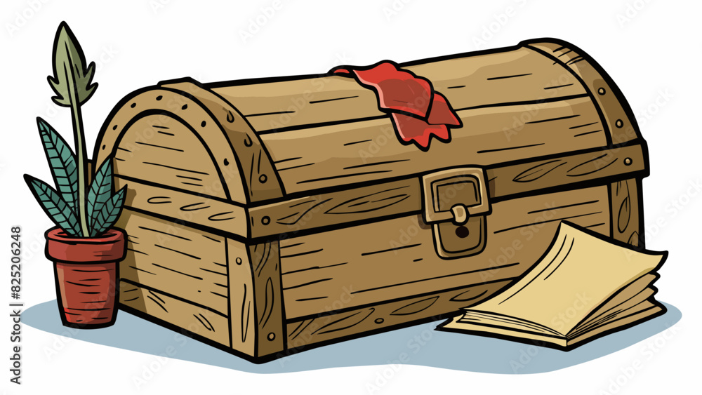 Poster a wooden chest with intricate carvings worn from years of use. inside are a stack of handwritten let