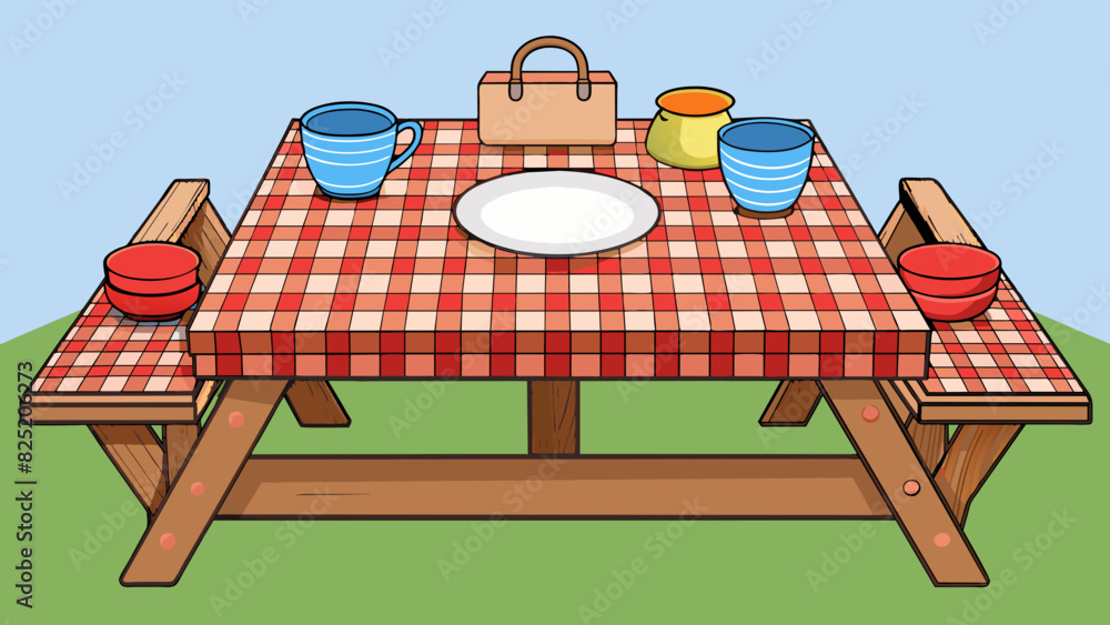Aufkleber A wooden picnic table with a checkered tablecloth dd over it set with a wicker basket plates and utensils for a countryside meal.. Cartoon Vector.