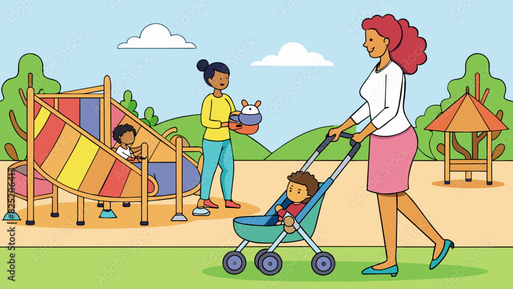 Poster a young mother pushing a stroller through the park carrying a colorful diaper bag over her shoulder.