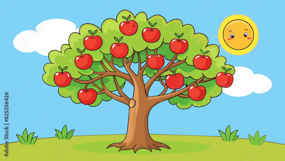 Poster a young sapling its trunk thick and sy its branches bearing juicy red apples that are just beginning