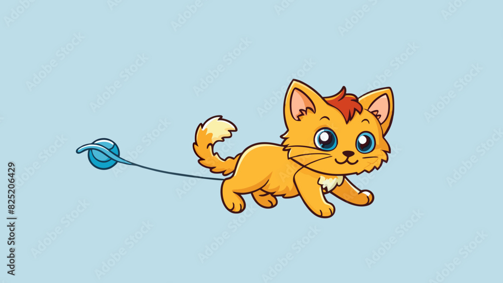 Poster A young kitten its soft fur still fluffy and untamed chasing after a piece of string with boundless energy.. Cartoon Vector.