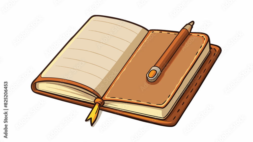 Poster Begin is a blank page in a leatherbound journal its creamy smooth texture inviting the writers pen to fill it with words and thoughts.. Cartoon Vector.