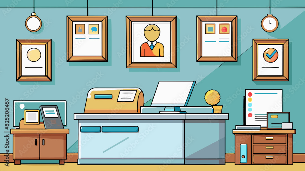 Aufkleber Behind the front desk there is a sleek modern printer with a touchscreen display and multiple paper trays. The walls are lined with certificates and. Cartoon Vector.