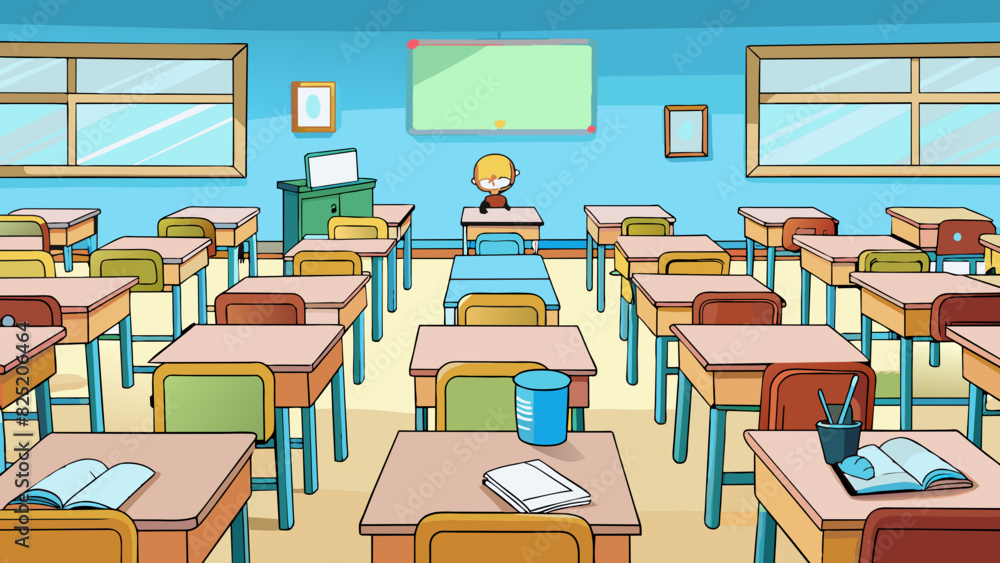 Poster Before the start of the school day the classroom was silent and empty. The desks were arranged in neat rows with textbooks and notebooks waiting to be. Cartoon Vector.