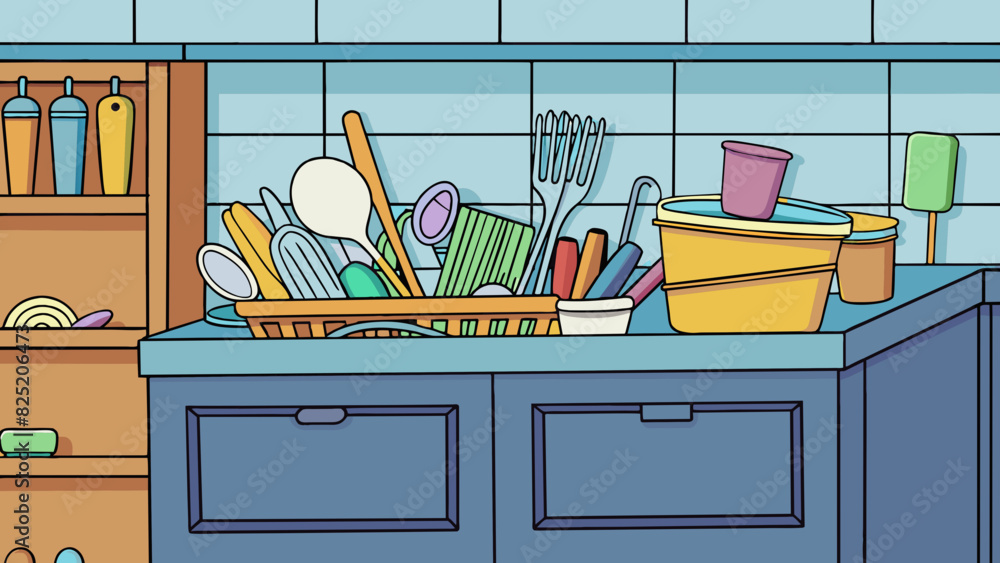 Poster behind the kitchen counter there was a cluttered utensil drawer filled with mismatched silverware be