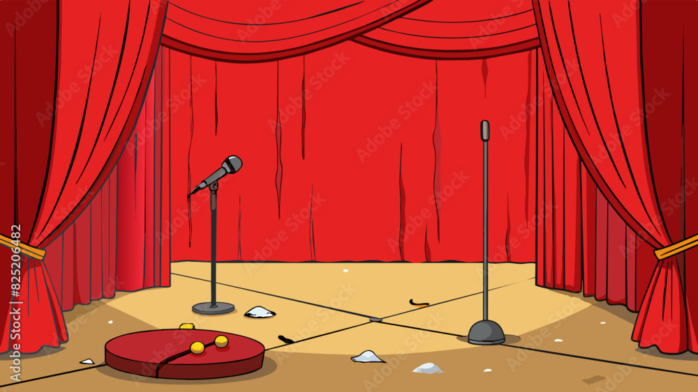 Poster behind the red curtain there was a small stage with tattered red velvet curtains hanging on either s