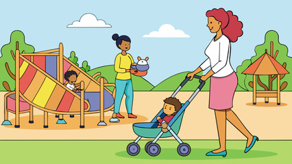 A young mother pushing a stroller through the park carrying a colorful diaper bag over her shoulder. She has a nurturing aura constantly checking on. Cartoon Vector.