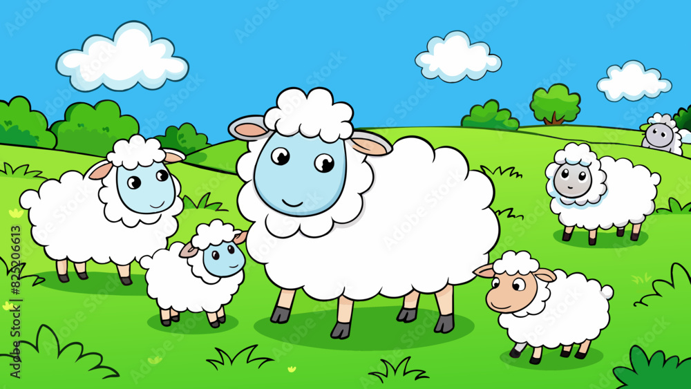 Poster characteristics white fluffy animals some standing and some lying down green pasture in the backgrou