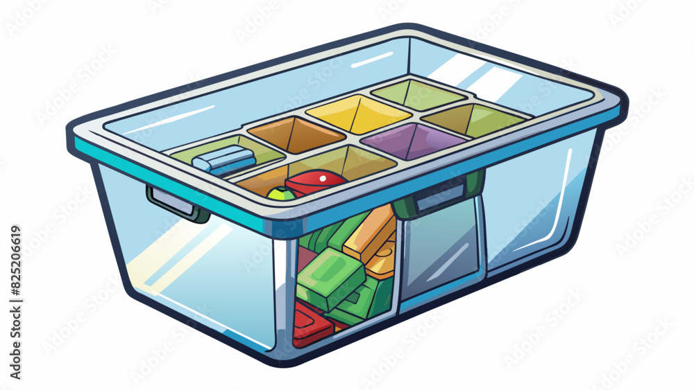 Poster Clearly is a transparent plastic storage bin with a stackable design and a snapon lid. It has various compartments and is great for organizing small. Cartoon Vector.