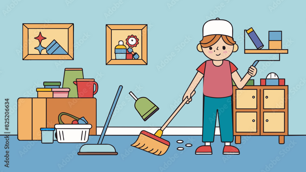 Aufkleber Cleaning a Room Sweep the floor of a cluttered room picking up and grouping objects of similar use e.g. toys clothes books and placing them in their. Cartoon Vector.