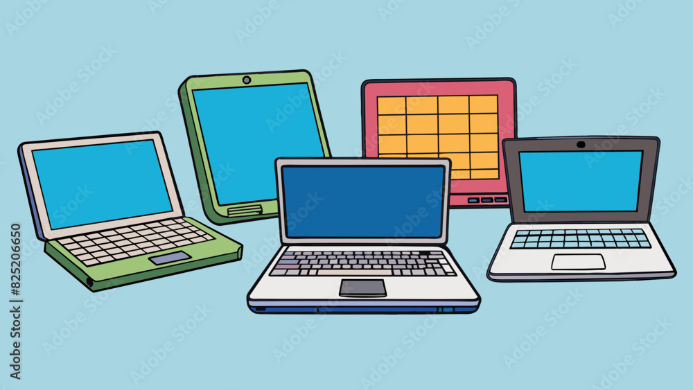 Poster Class of laptops Laptops are portable electronic devices that are used for various tasks such as writing browsing the internet and multimedia usage.. Cartoon Vector.