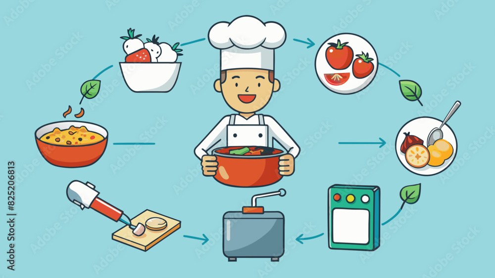 Aufkleber Developing a simple recipe into a delicious meal by following precise instructions and adding flavors to taste. The recipe starts as a list of. Cartoon Vector.
