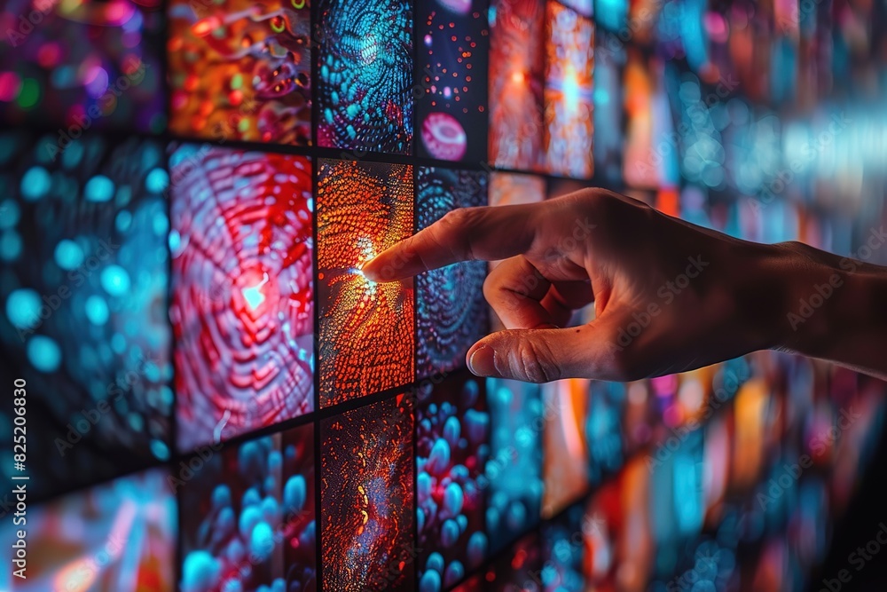 Poster a hand is pointing at a colorful image with a red dot