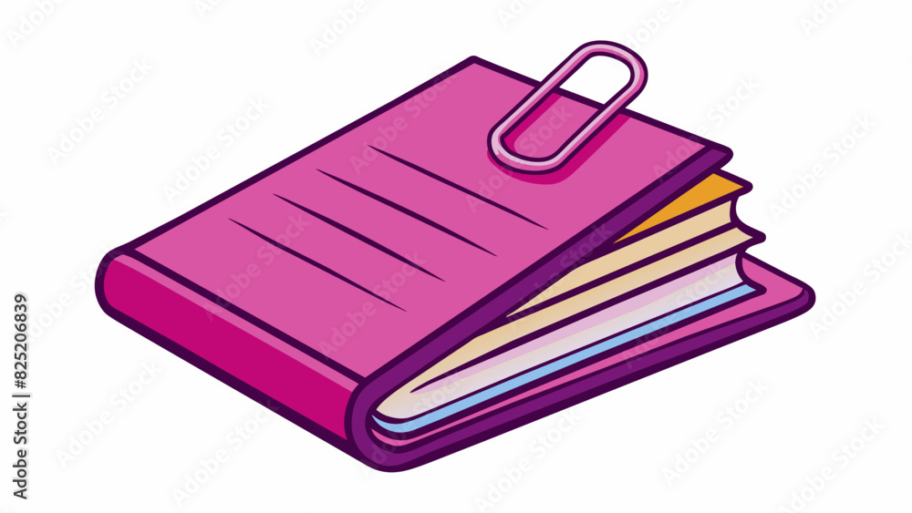 Poster Due is a brightly colored paperclip holding together a stack of documents. Its body is a deep shade of magenta and the surface is smooth and glossy.. Cartoon Vector.