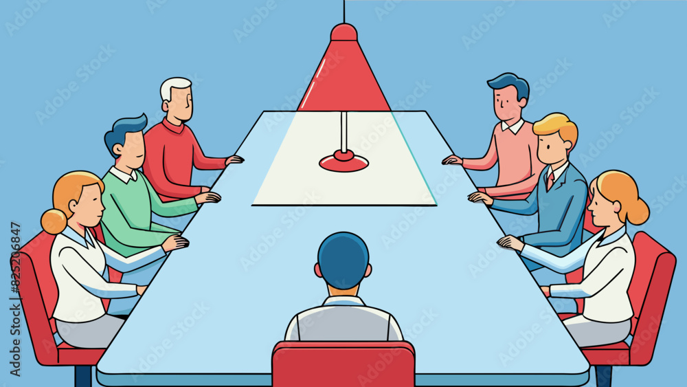 Aufkleber During a call a group of coworkers sit around a large table and take turns speaking into a speakerphone. The speakerphone has a blinking red light to. Cartoon Vector.