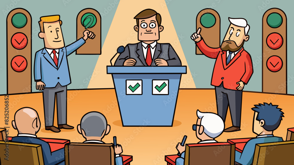Poster during a heated debate members of parliament stand and gesture passionately while others take turns 