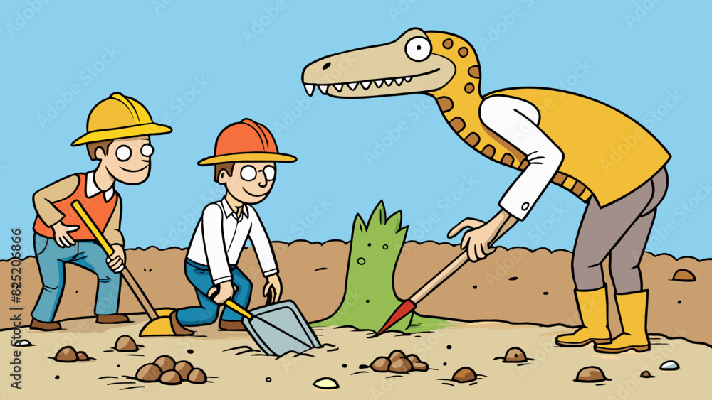Poster During an excavation archaeologists uncover a fossil of an entirely new species of dinosaur. With its long slender neck and sharp pointed teeth it is. Cartoon Vector.