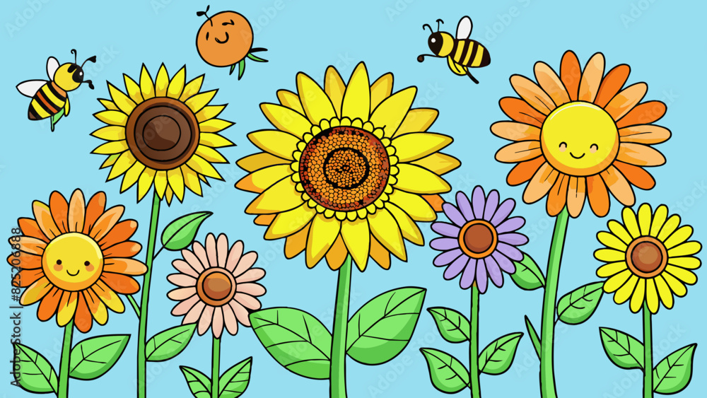 Poster during the summer days the fields were alive with vibrant colors and buzzing with activity. sunflowe