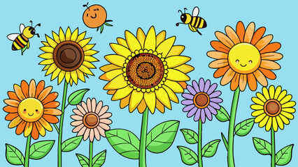 During the summer days the fields were alive with vibrant colors and buzzing with activity. Sunflowers stretched their tall stems towards the bright. Cartoon Vector.